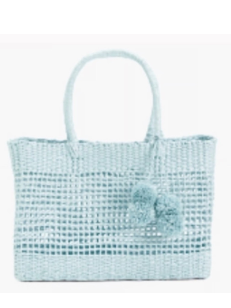 Light Blue Woven Tote Bag With Pom Pom Accent 11x15 X 5 W